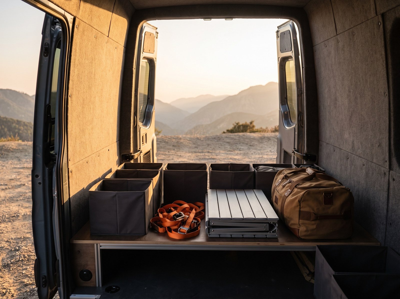 Van Supply gear neatly organized in a cargo van at a mountain overlook at golden hour